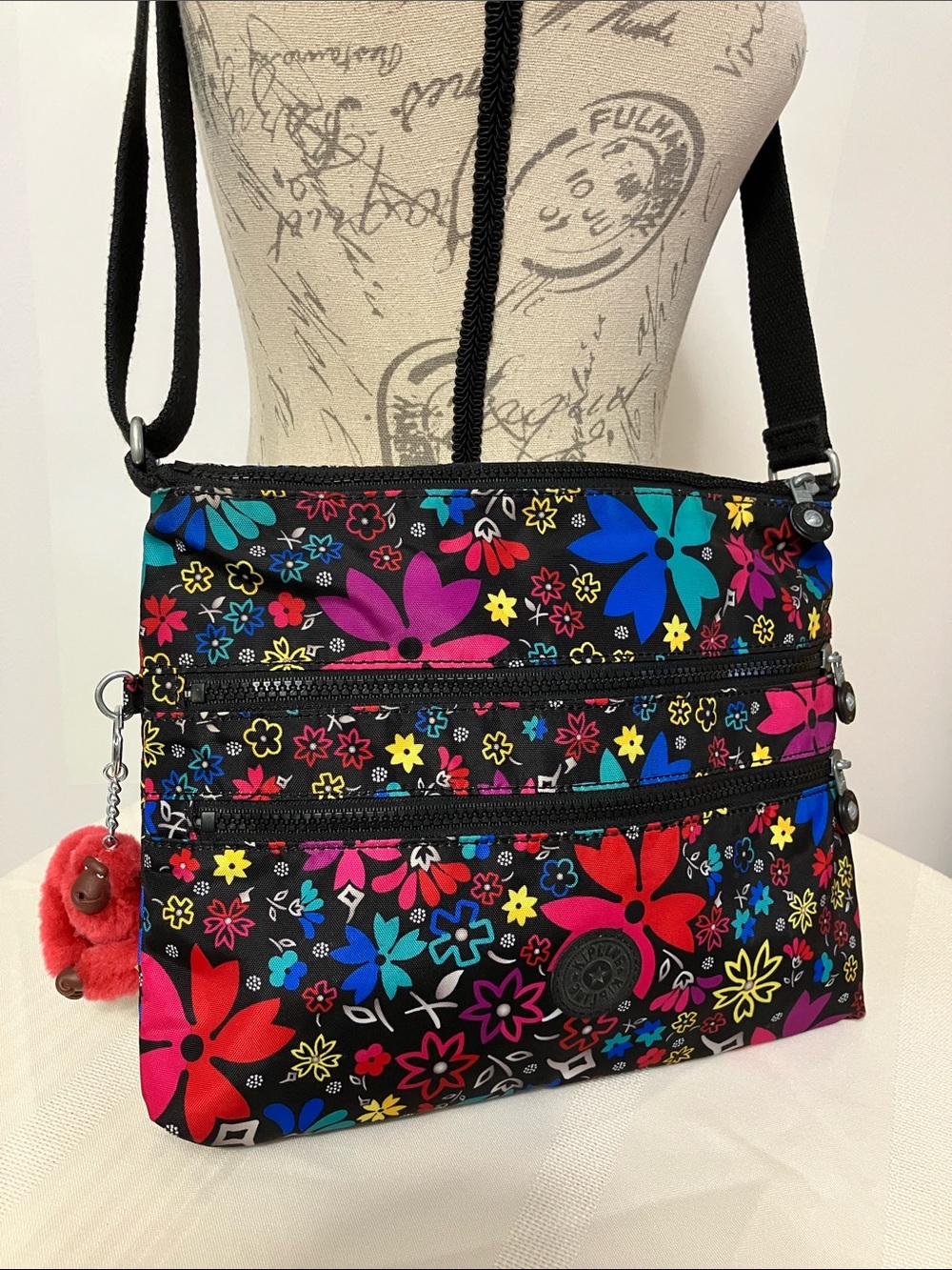 Kipling Alvar Crossbody Bag Black Pop Art Floral Multi Print